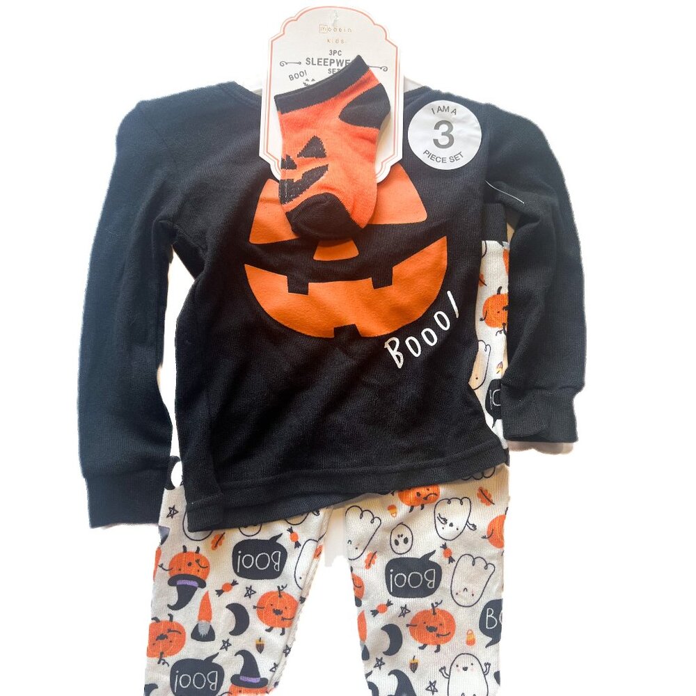 NWT Modern Kids 3 Piece Sleepwear Set Boo Pumpkin Halloween Pajamas Size 18M NEW